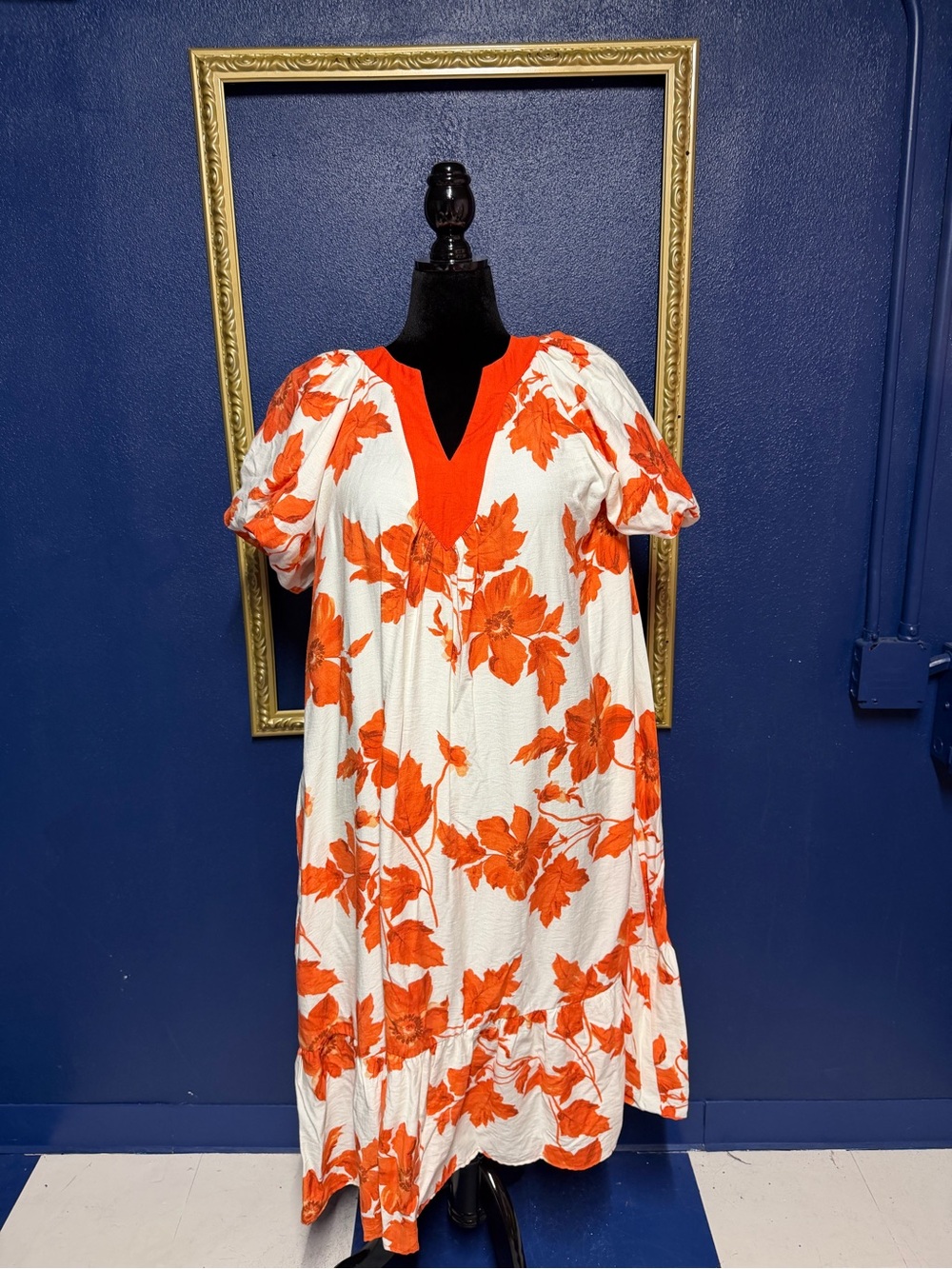 glam White Dress with Bold Orange Floral Print